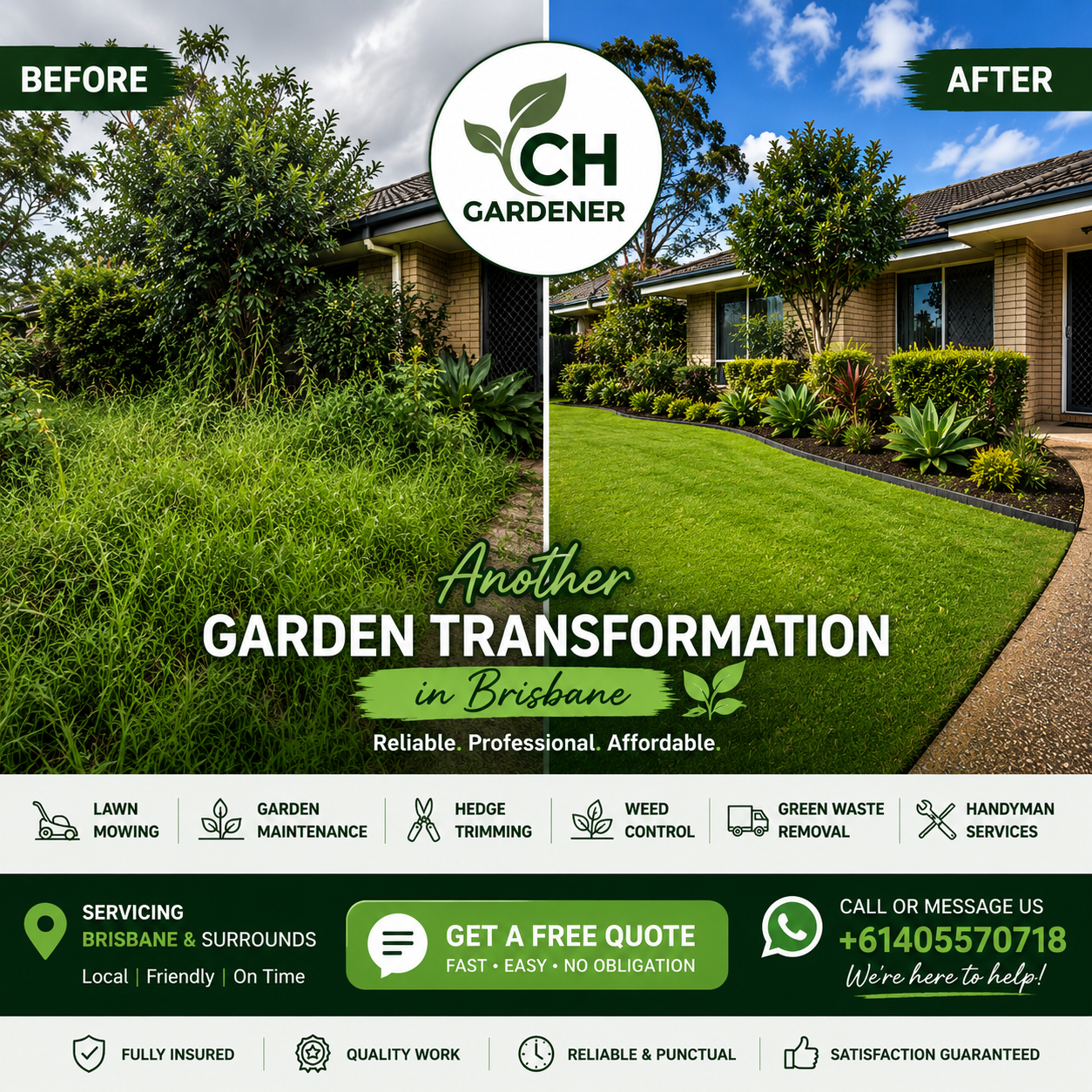 Before and after garden transformation by CH Gardeners Brisbane
